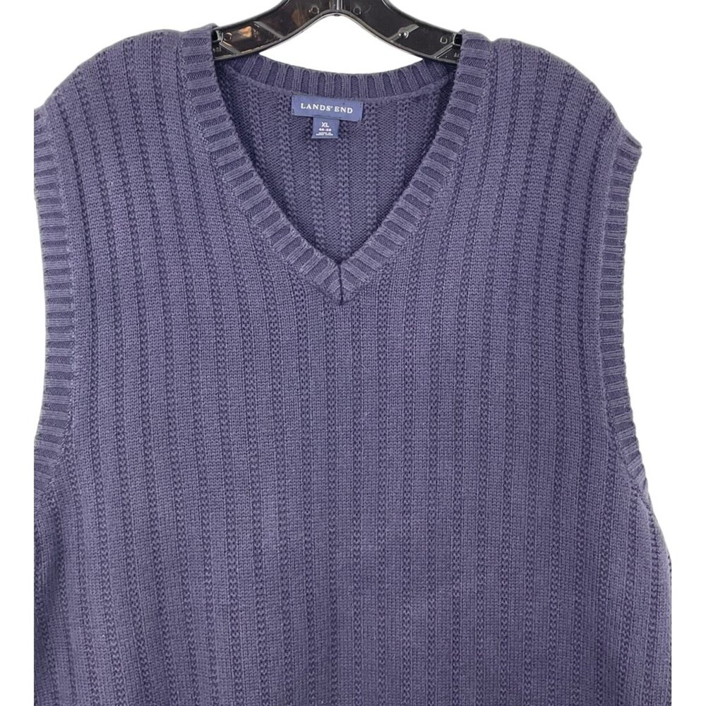 Lands End Mens Size XL Navy Blue Cotton Ribbed Knit V-Neck Sweater Vest - Picture 3 of 7
